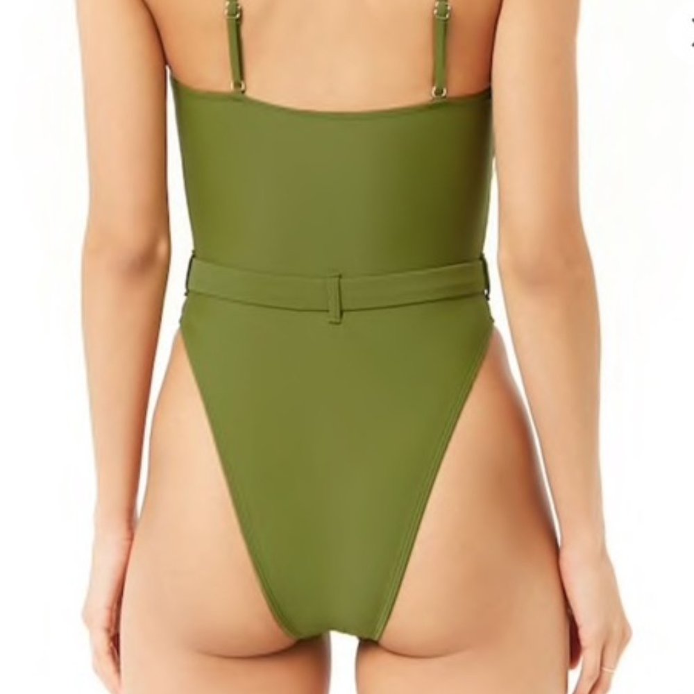 F21 Olive Green Belted High Leg One Piece Swimsuit - Picture 10 of 16